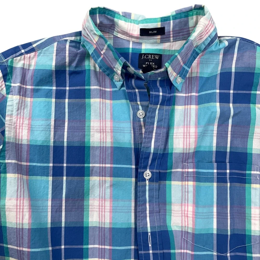 J. Crew Shirt Mens Medium Blue Plaid Flex Washed Vibrant Slim Fit‎ OCBD Stretch